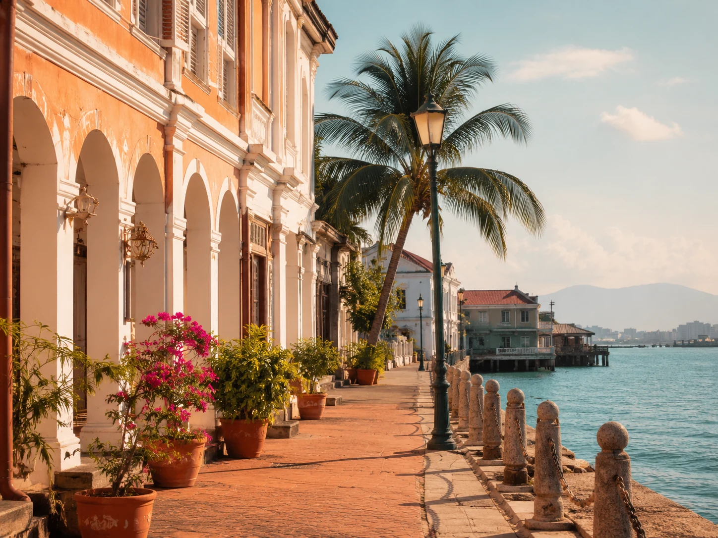Colonial waterfront with arches, palms and turquoise sea