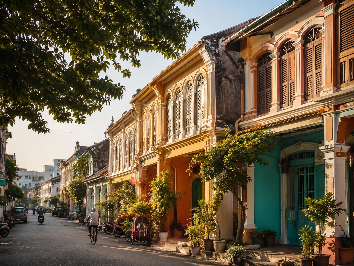 George Town heritage shophouse street in warm Penang sunlight