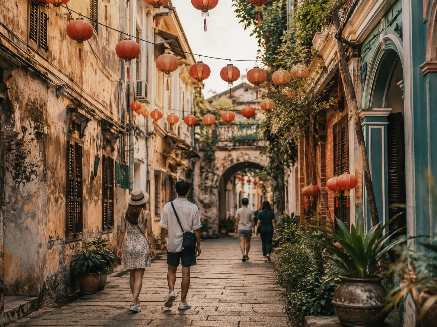 Travellers walking through George Town heritage streets with lanterns and arches