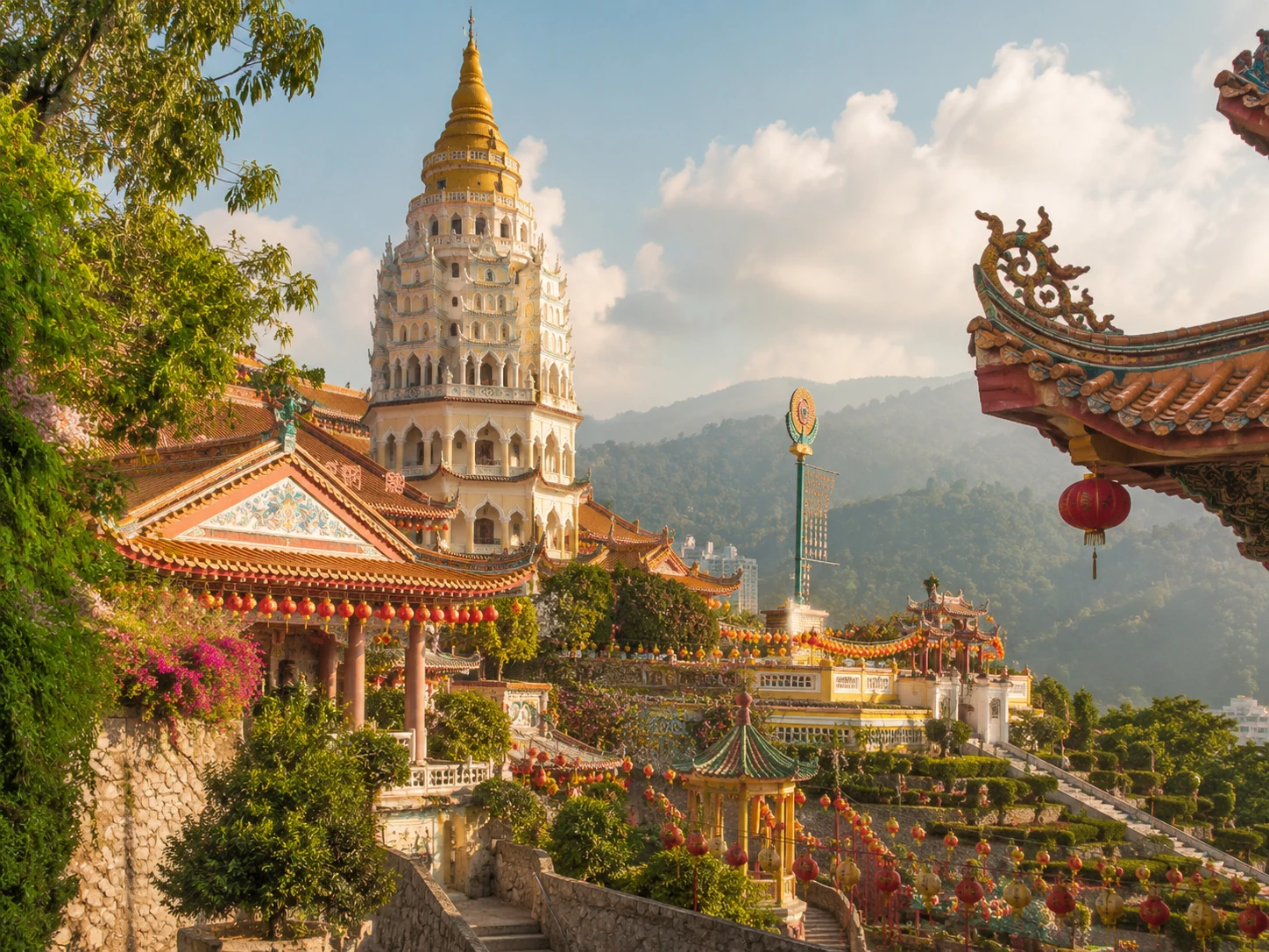 Kek Lok Si inspired temple view with pagoda and lanterns