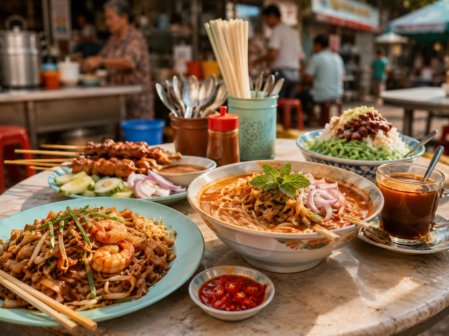 Penang street food table with noodles, satay and kopi