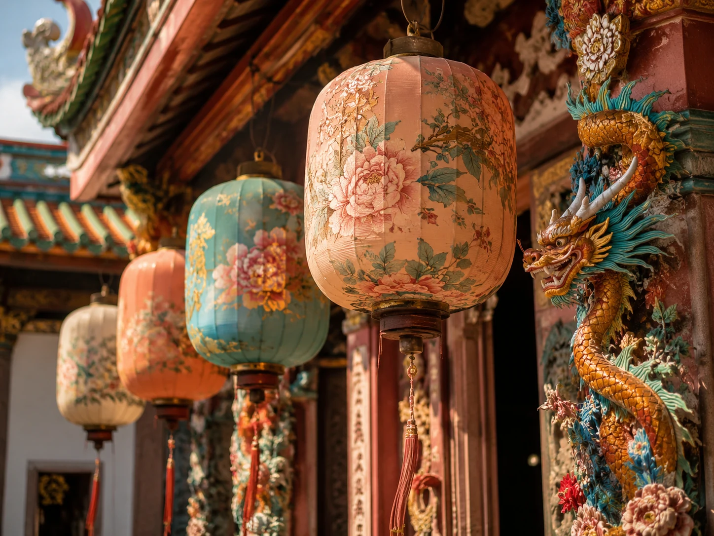 Penang temple lanterns and colourful ornate details