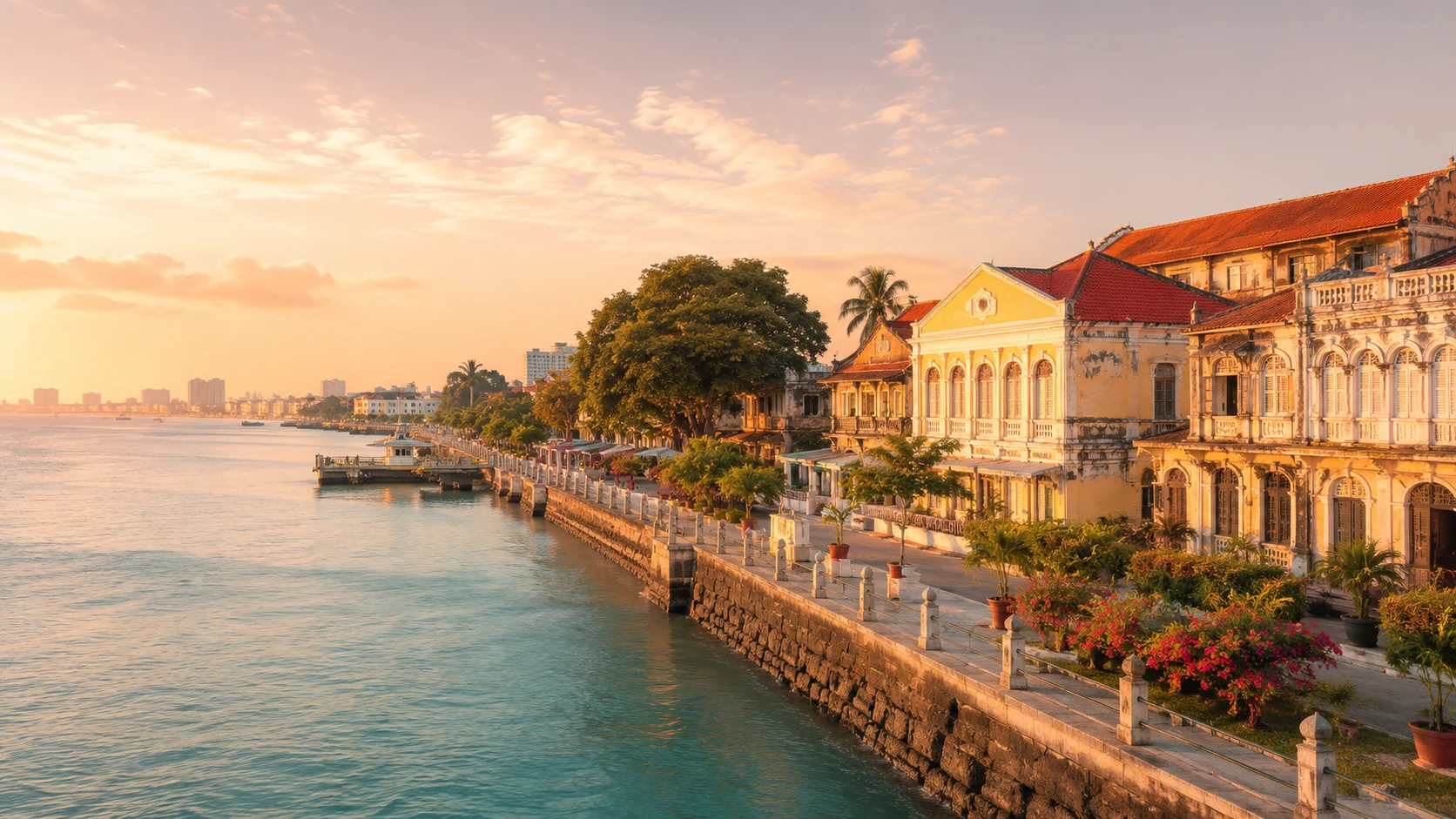 Penang waterfront with colonial buildings, shophouses and turquoise sea