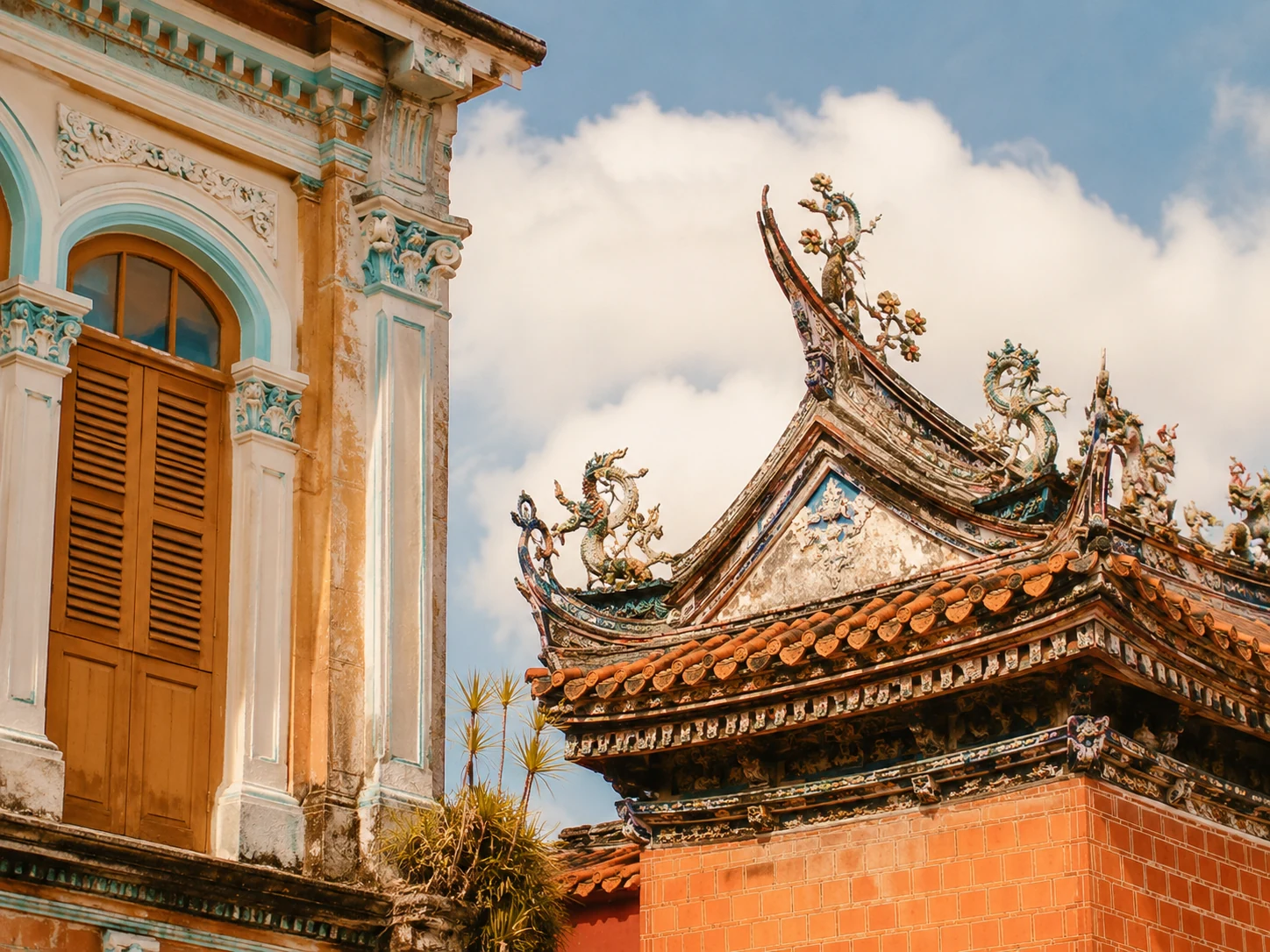 George Town shophouses and Penang heritage streets in warm sunset colors